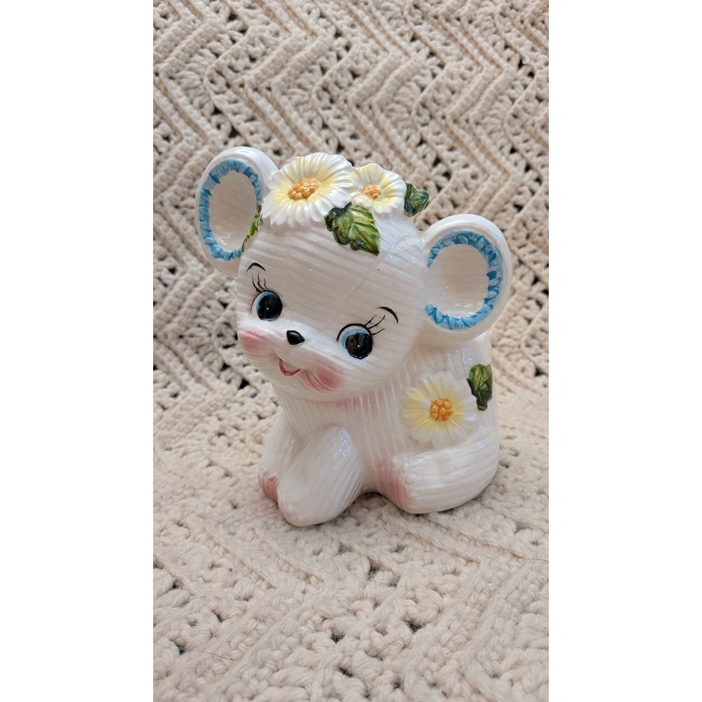 Vintage Lefton Mouse Planter 6189 White Ceramic Daisy Flower Mid Century Japan